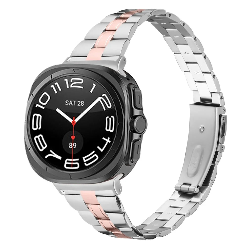 Watch Band For Samsung Galaxy Watch8 44mm / 40mm / Watch8 Classic 46mm Electroplating Stainless Steel Slim Strap - Silver + Rose Gold - 3