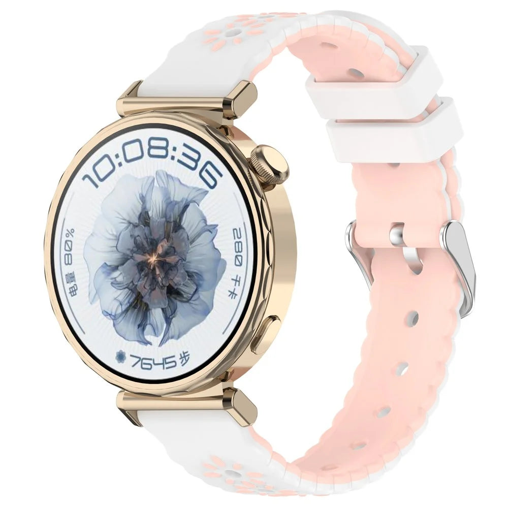 18mm Silicone Strap for Huawei Watch GT 5 Pro 42mm  /  5 41mm  /  4 41mm Sunflower Pattern Dual Color Watch Band - White  /  Pink - 4