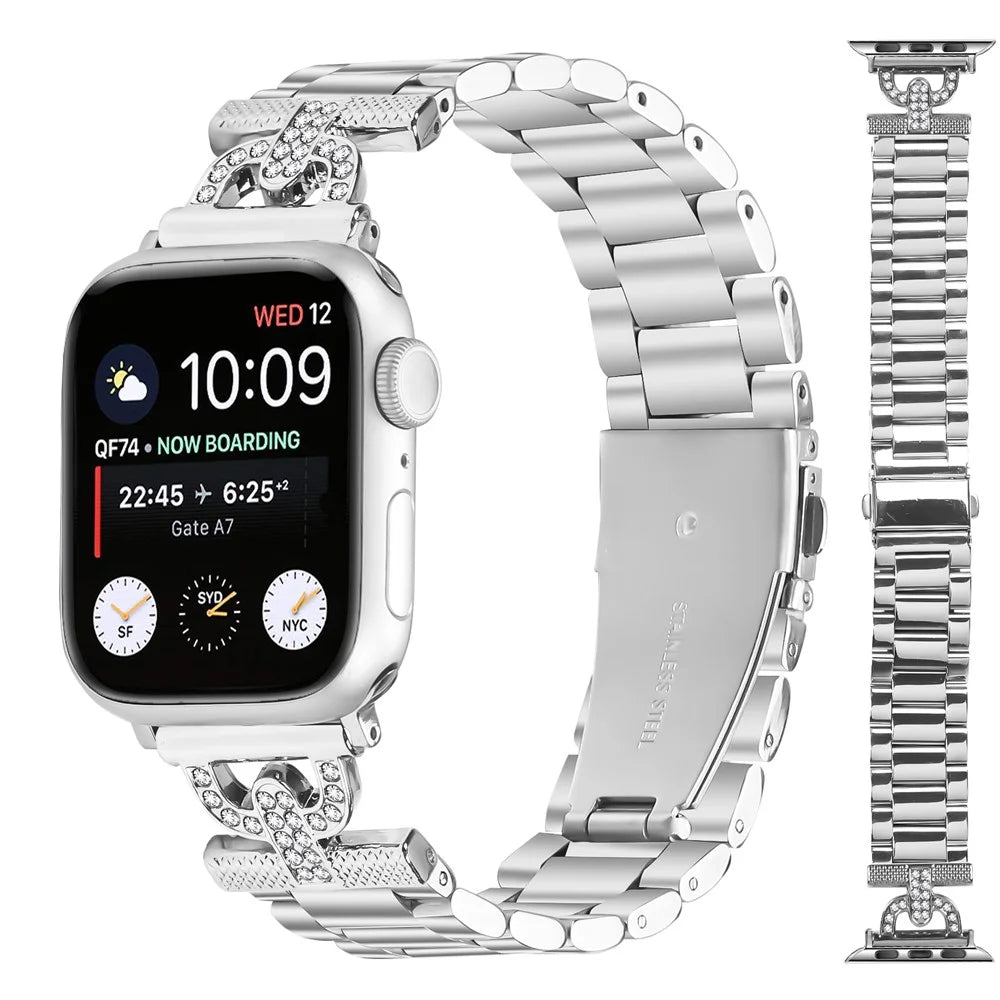 Watch Strap for Apple Watch Series 11 10 42mm / 9 8 7 41mm / SE3 SE2 SE 6 5 4 40mm / 3 2 1 38mm D-Shape Rhinestones Decor 3-Bead Silver Metal Band - 1