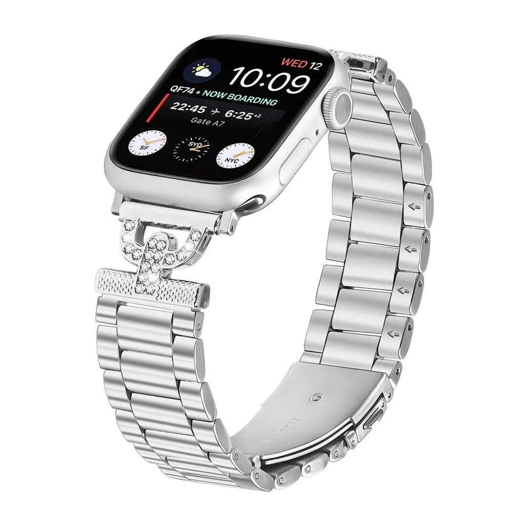 Watch Strap for Apple Watch Series 11 10 42mm / 9 8 7 41mm / SE3 SE2 SE 6 5 4 40mm / 3 2 1 38mm D-Shape Rhinestones Decor 3-Bead Silver Metal Band - 2