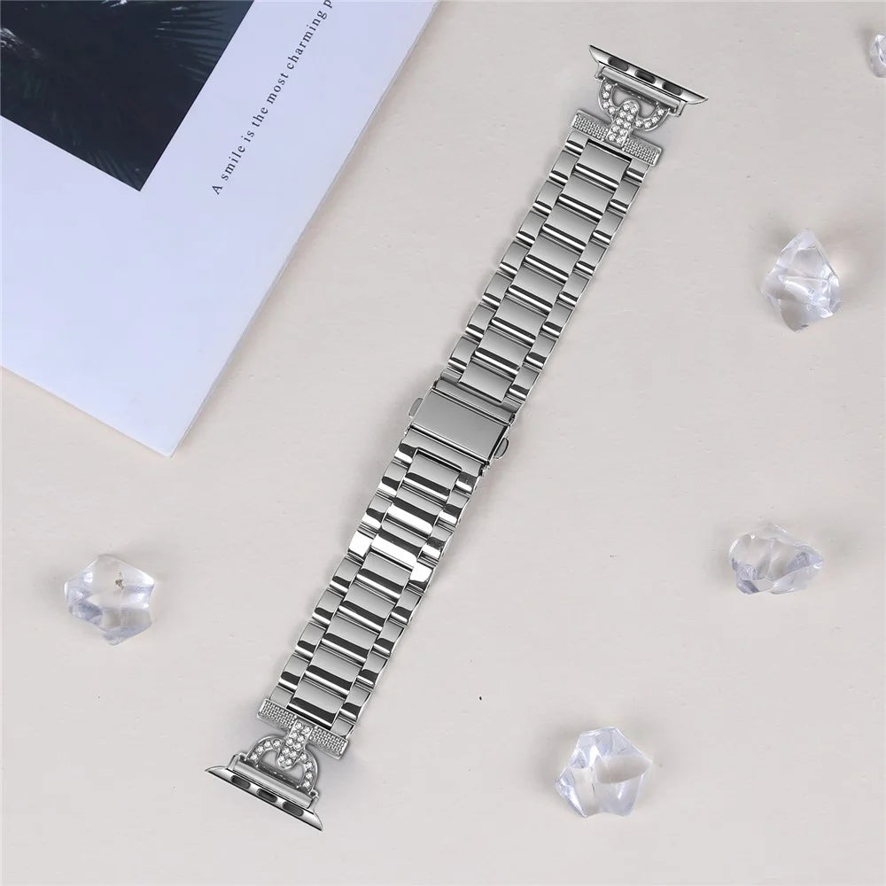 Watch Strap for Apple Watch Series 11 10 42mm / 9 8 7 41mm / SE3 SE2 SE 6 5 4 40mm / 3 2 1 38mm D-Shape Rhinestones Decor 3-Bead Silver Metal Band - 3