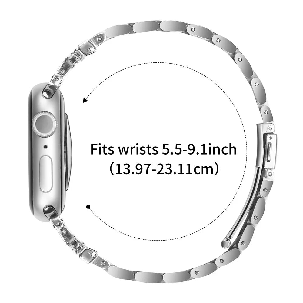 Watch Strap for Apple Watch Ultra 3 2 1 49mm / Series 11 10 46mm / 9 8 7 45mm / SE3 SE2 SE 6 5 4 44mm / 3 2 1 42mm D-Shape Rhinestones Decor 3-Bead Silver Metal Band - 6