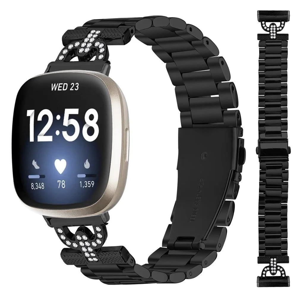 Colored Watch Strap for Fitbit Versa 3 / Sense Metal Band D-Shape Rhinestones Decor 3-Bead - Black - 1
