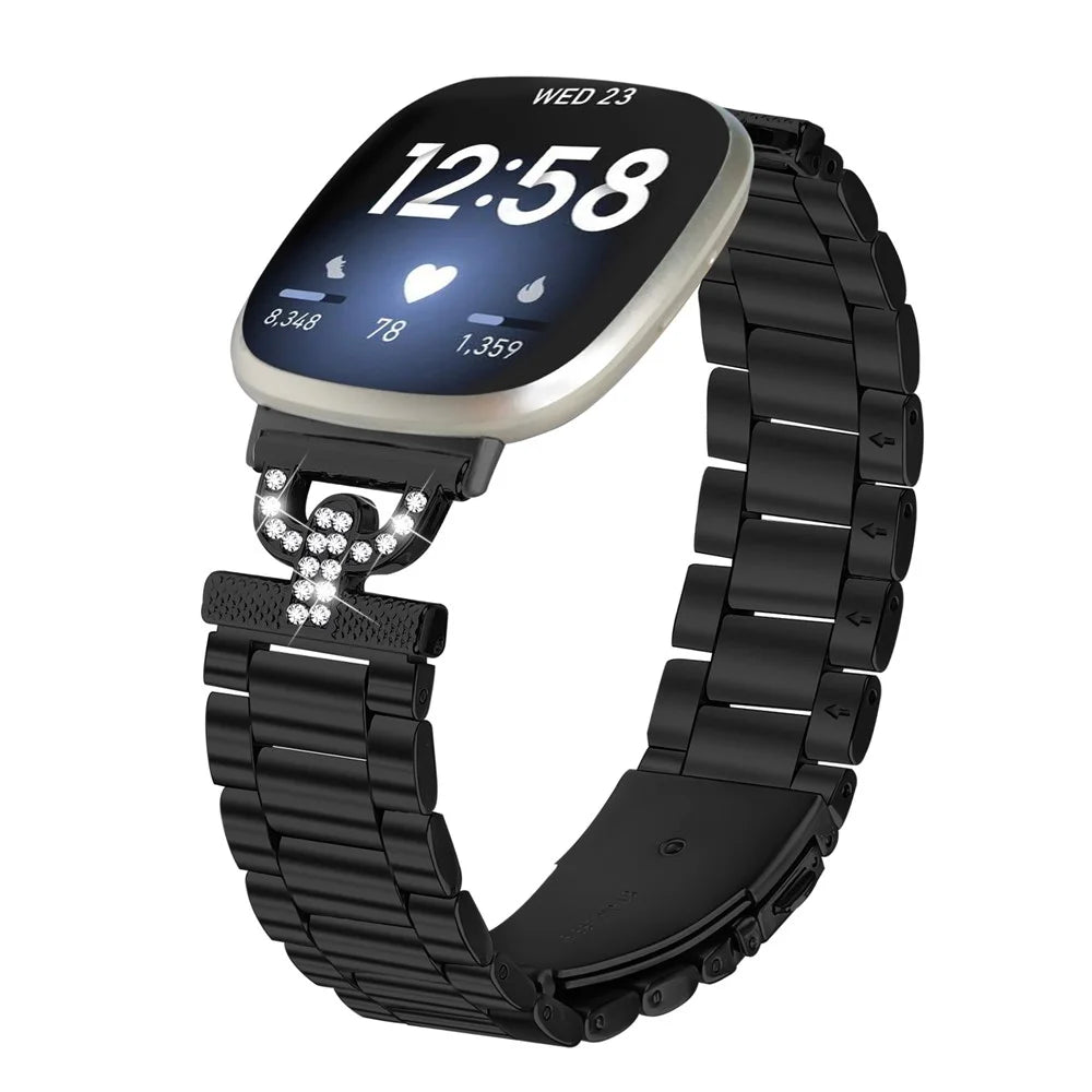 Colored Watch Strap for Fitbit Versa 3 / Sense Metal Band D-Shape Rhinestones Decor 3-Bead - Black - 2