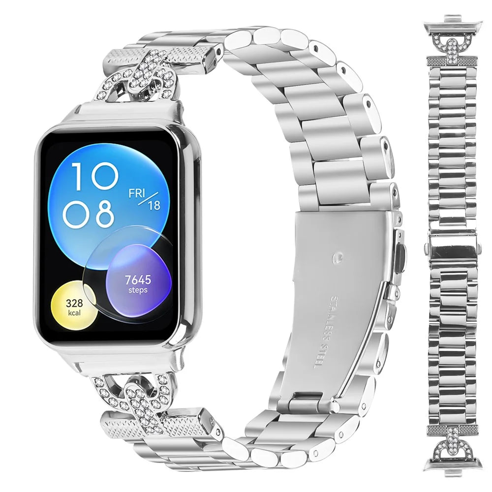 Watch Strap for Xiaomi Smart Band 10 Pro / 9 Pro / 8 Pro / Redmi Watch 6 / 5 / 4 Silver Metal Band D-Shape Rhinestones Decor 3-Bead - 1
