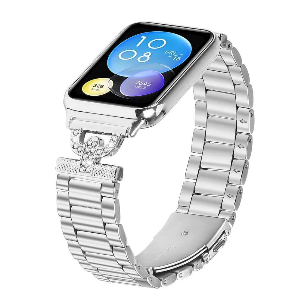 Watch Strap for Xiaomi Smart Band 10 Pro / 9 Pro / 8 Pro / Redmi Watch 6 / 5 / 4 Silver Metal Band D-Shape Rhinestones Decor 3-Bead - 2