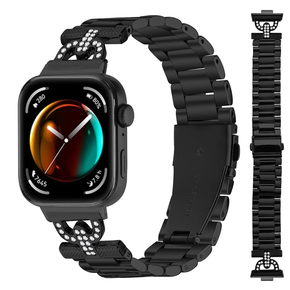 Colored Watch Strap for Huawei Watch Fit 3 D-Shape Rhinestones Decor 3-Bead Metal Band - Black - 1
