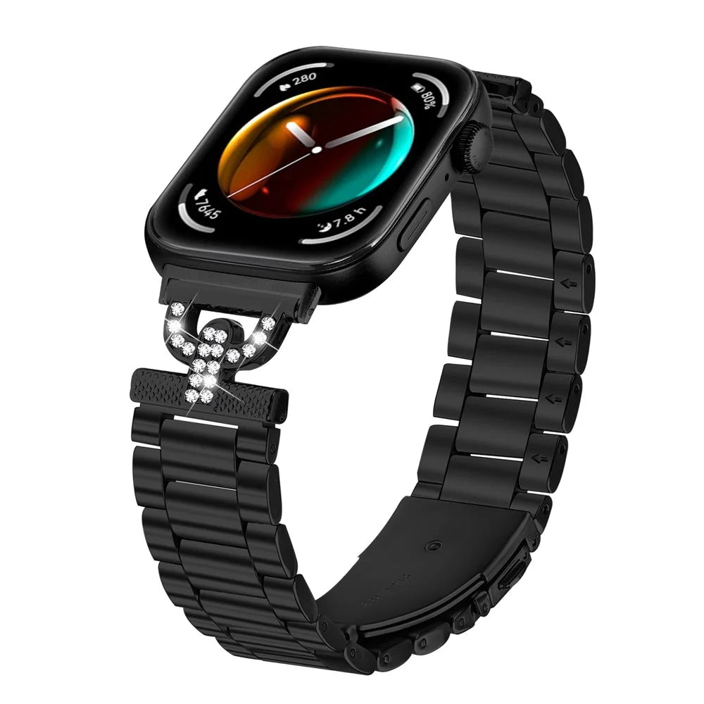 Colored Watch Strap for Huawei Watch Fit 3 D-Shape Rhinestones Decor 3-Bead Metal Band - Black - 2
