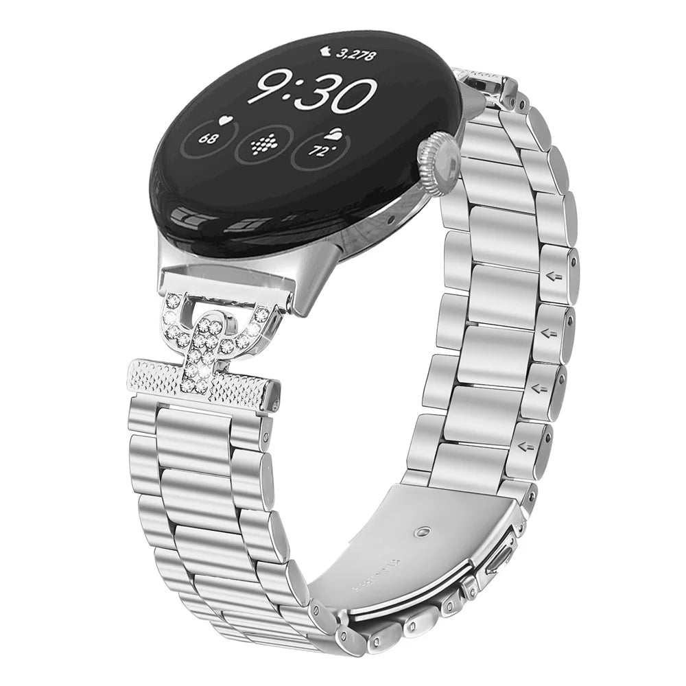Watch Strap for Google Pixel Watch 4 41mm / Watch 3 41mm / Watch 2 / Watch Silver Metal Band D-Shape Rhinestones Decor 3-Bead - 2