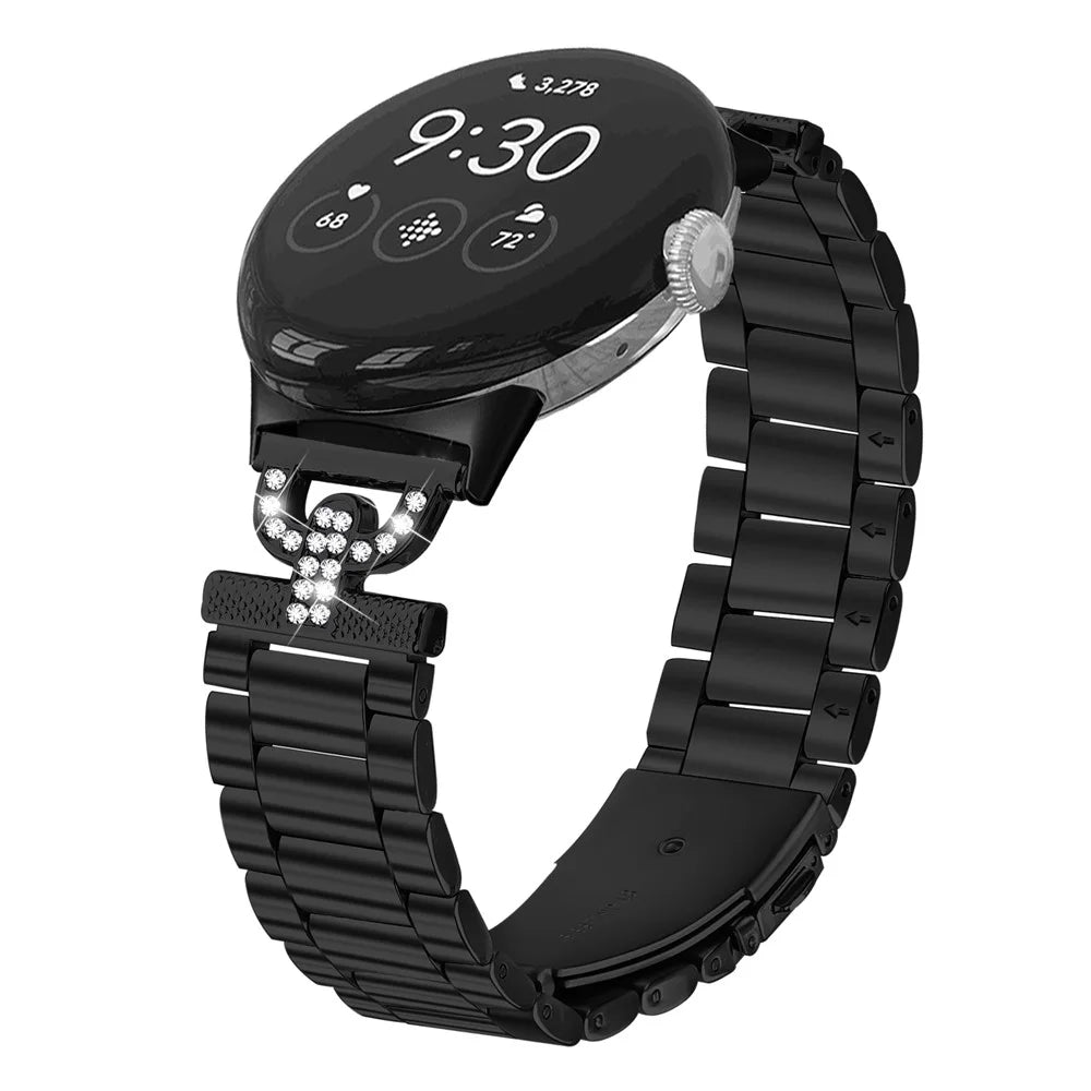 Colored Watch Strap for Google Pixel Watch 4 41mm / Watch 3 41mm / Watch 2 / Watch D-Shape Rhinestones Decor 3-Bead Metal Band - Black - 2