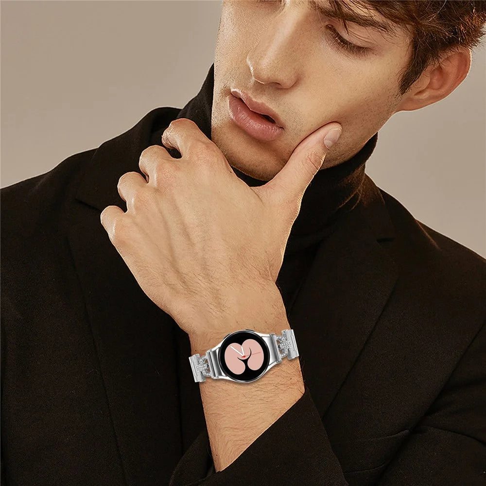 Watch Strap with Connector for Samsung Galaxy Watch 5 Pro 45mm / 5 / 5 Active / 4 / 4 Active / 4 Classic Silver Metal Band D-Shape Rhinestones Decor - 5