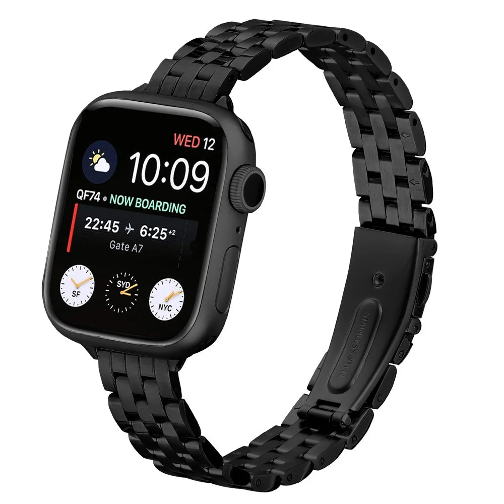 Watch Band For Apple Watch Series 11 10 42mm / 9 8 7 41mm / SE3 SE2 SE 6 5 4 40mm / 3 2 1 38mm Slim Five-Bead Stainless Steel Black Strap - 2