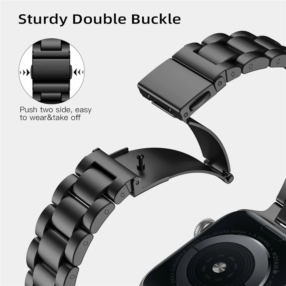 Black Strap for Apple Watch Series 11 10 42mm / 9 8 7 41mm / SE3 SE2 SE 6 5 4 40mm / 3 2 1 38mm Slim 3-Beads Metal Watch Band - 3