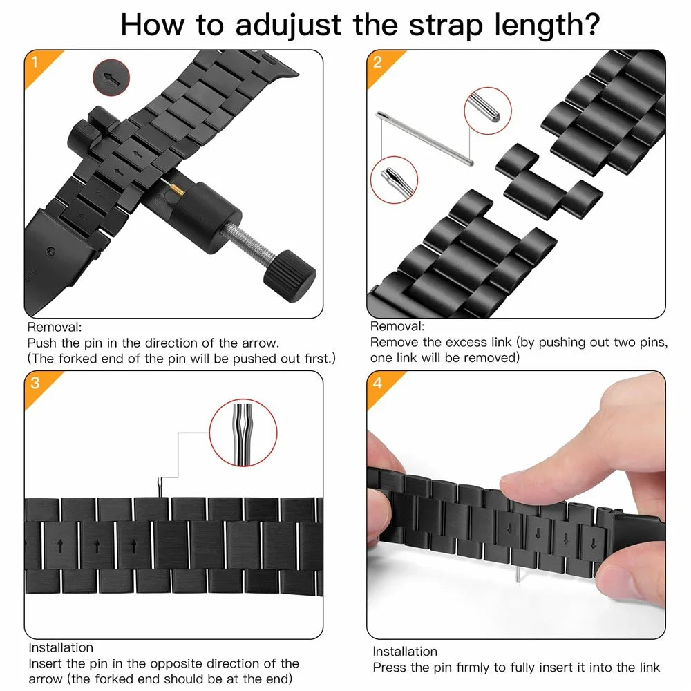 Black Strap for Apple Watch Series 11 10 42mm / 9 8 7 41mm / SE3 SE2 SE 6 5 4 40mm / 3 2 1 38mm Slim 3-Beads Metal Watch Band - 4