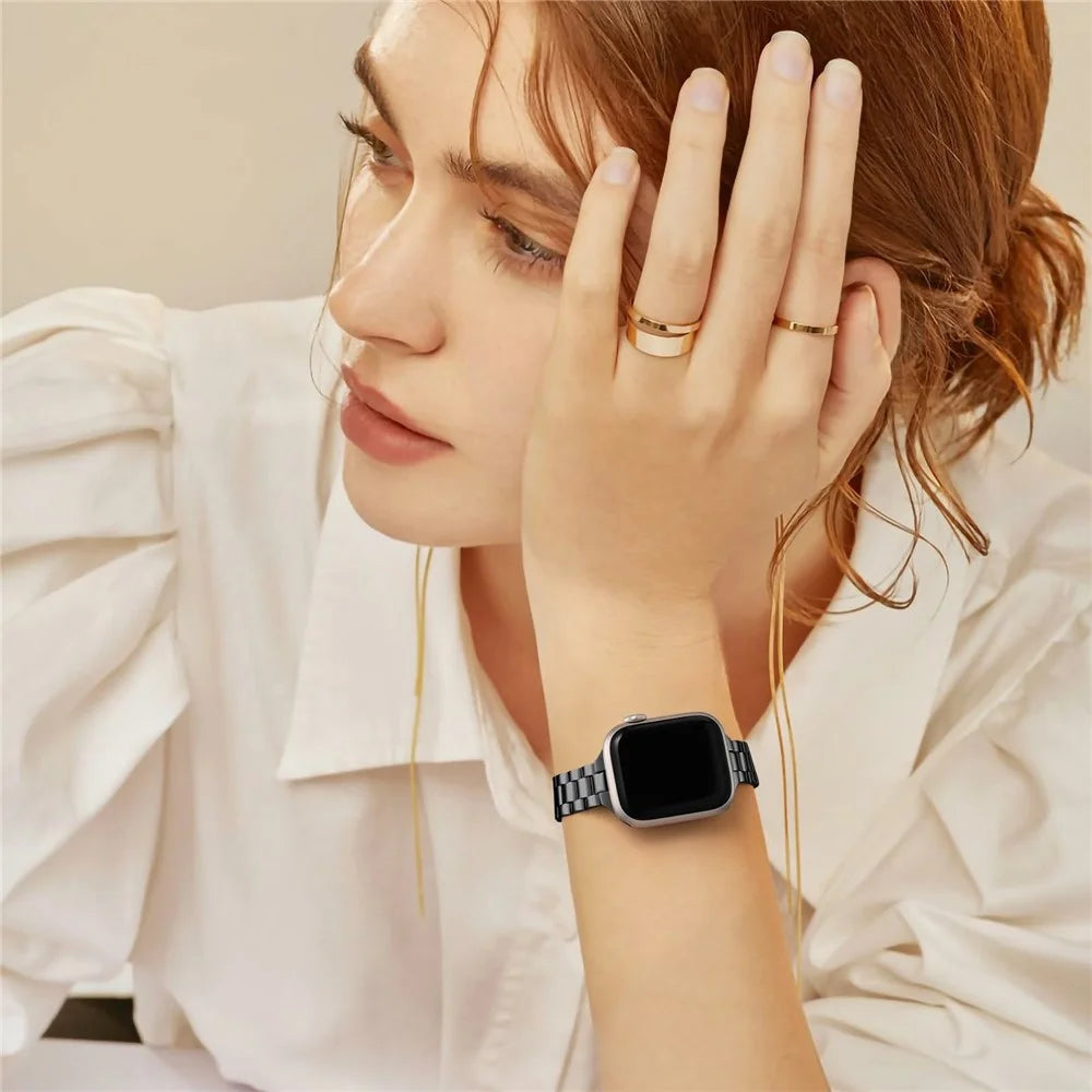 Black Strap for Apple Watch Series 11 10 42mm / 9 8 7 41mm / SE3 SE2 SE 6 5 4 40mm / 3 2 1 38mm Slim 3-Beads Metal Watch Band - 7