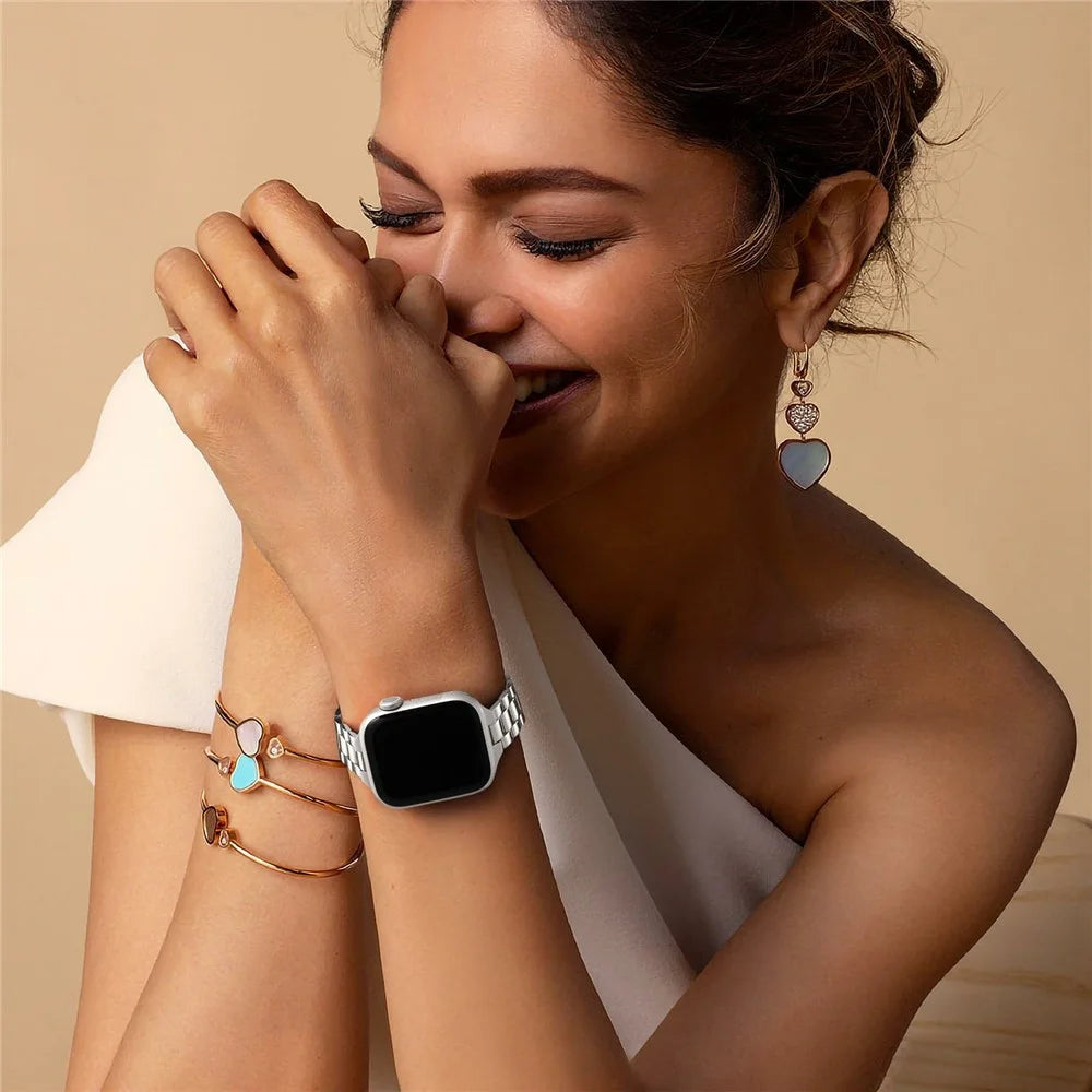 Electroplating Color Strap for Apple Watch Series 11 10 42mm / 9 8 7 41mm / SE3 SE2 SE 6 5 4 40mm / 3 2 1 38mm Slim 3-Beads Metal Watch Band - Light Starlight - 5