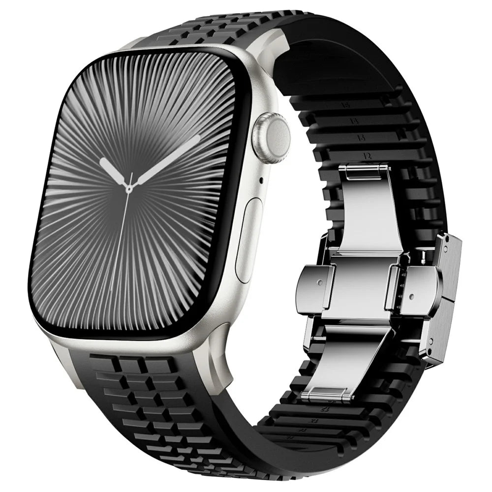 Watch Strap for Apple Watch Ultra 3 2 1 49mm / Series 11 10 46mm / 9 8 7 45mm / SE3 SE2 SE 6 5 4 44mm / 3 2 1 42mm Folding Buckle Silicone Band - Titanium / Black - 2