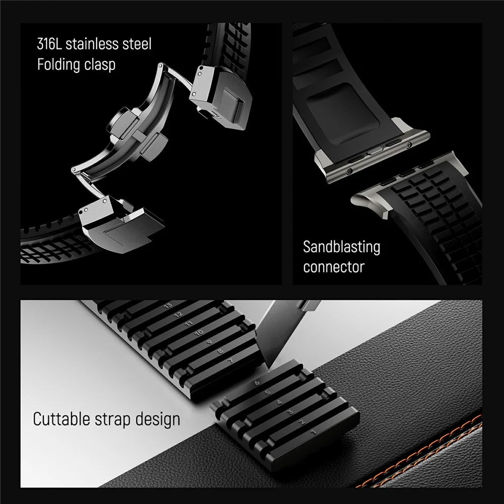 Watch Strap for Apple Watch Ultra 3 2 1 49mm / Series 11 10 46mm / 9 8 7 45mm / SE3 SE2 SE 6 5 4 44mm / 3 2 1 42mm Folding Buckle Silicone Band - Titanium / Black - 5