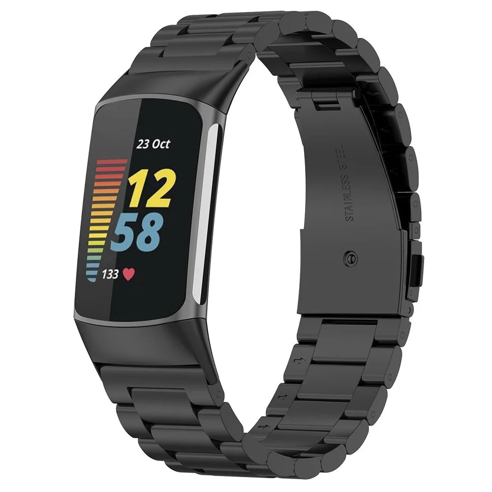 Watch Band for Fitbit Charge 6 / 5 Titanium Alloy 3-Bead Wrist Strap - Black - 3