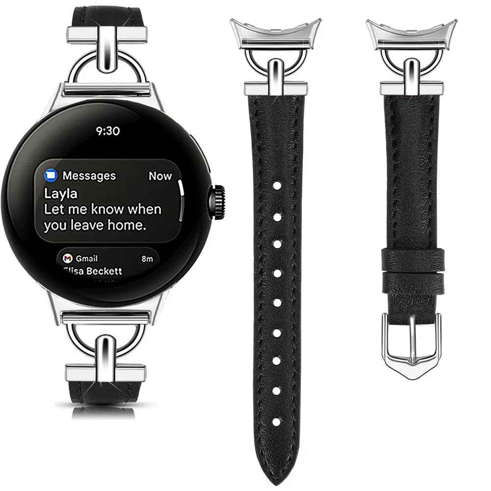 Genuine Cow Leather Watch Band for Google Pixel Watch 4 41mm / Watch 3 41mm / Watch 2 / Watch Wrist Strap with D Ring Connector - Black - 3