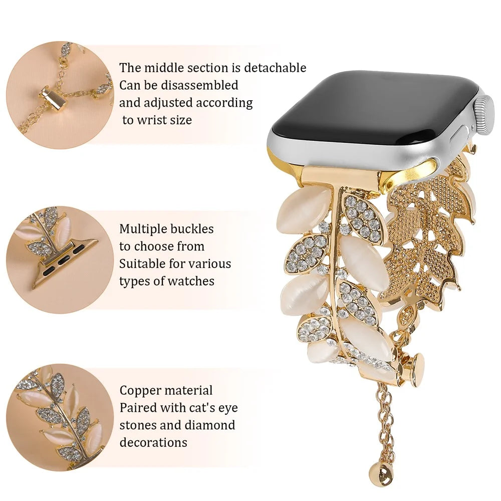 Alloy Watch Band for Apple Watch Series 11 10 42mm / 9 8 7 41mm / SE3 SE2 SE 6 5 4 40mm / 3 2 1 38mm Leaf Style Rhinestone Decor Strap - Gold - 4