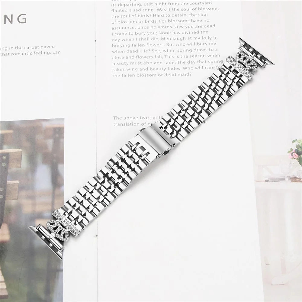 Watch Band For For Apple Watch Series 11 10 42mm / 9 8 7 41mm / SE3 SE2 SE 6 5 4 40mm / 3 2 1 38mm 7-Bead Rhinestone Crown Stainless Steel Strap Silver - 4