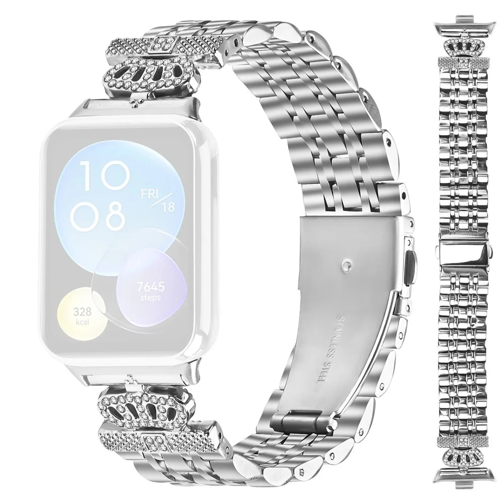 For Xiaomi Smart Band 10 Pro / 9 Pro / 8 Pro / Redmi Watch 6 / 5 / 4 Watch Band 7-Bead Rhinestone Crown Stainless Steel Strap Silver - 1