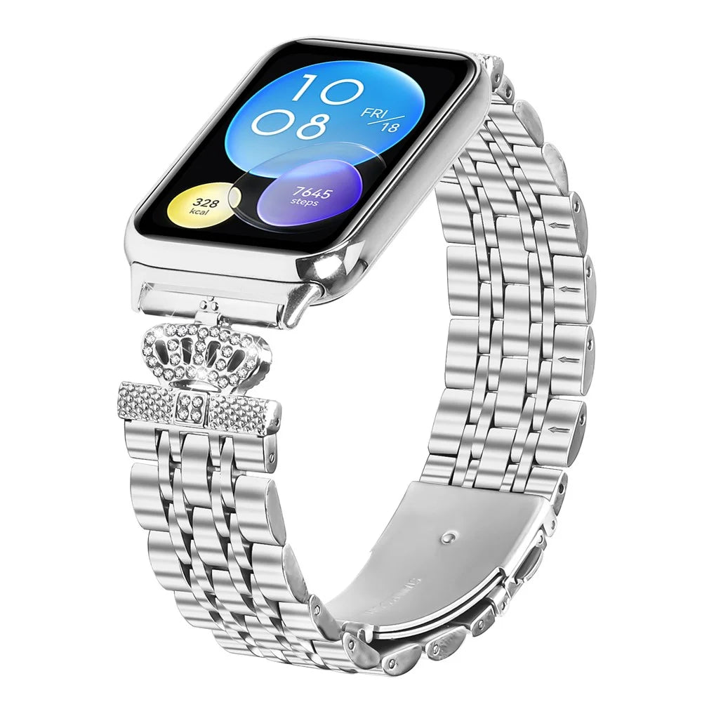 For Xiaomi Smart Band 10 Pro / 9 Pro / 8 Pro / Redmi Watch 6 / 5 / 4 Watch Band 7-Bead Rhinestone Crown Stainless Steel Strap Silver - 3