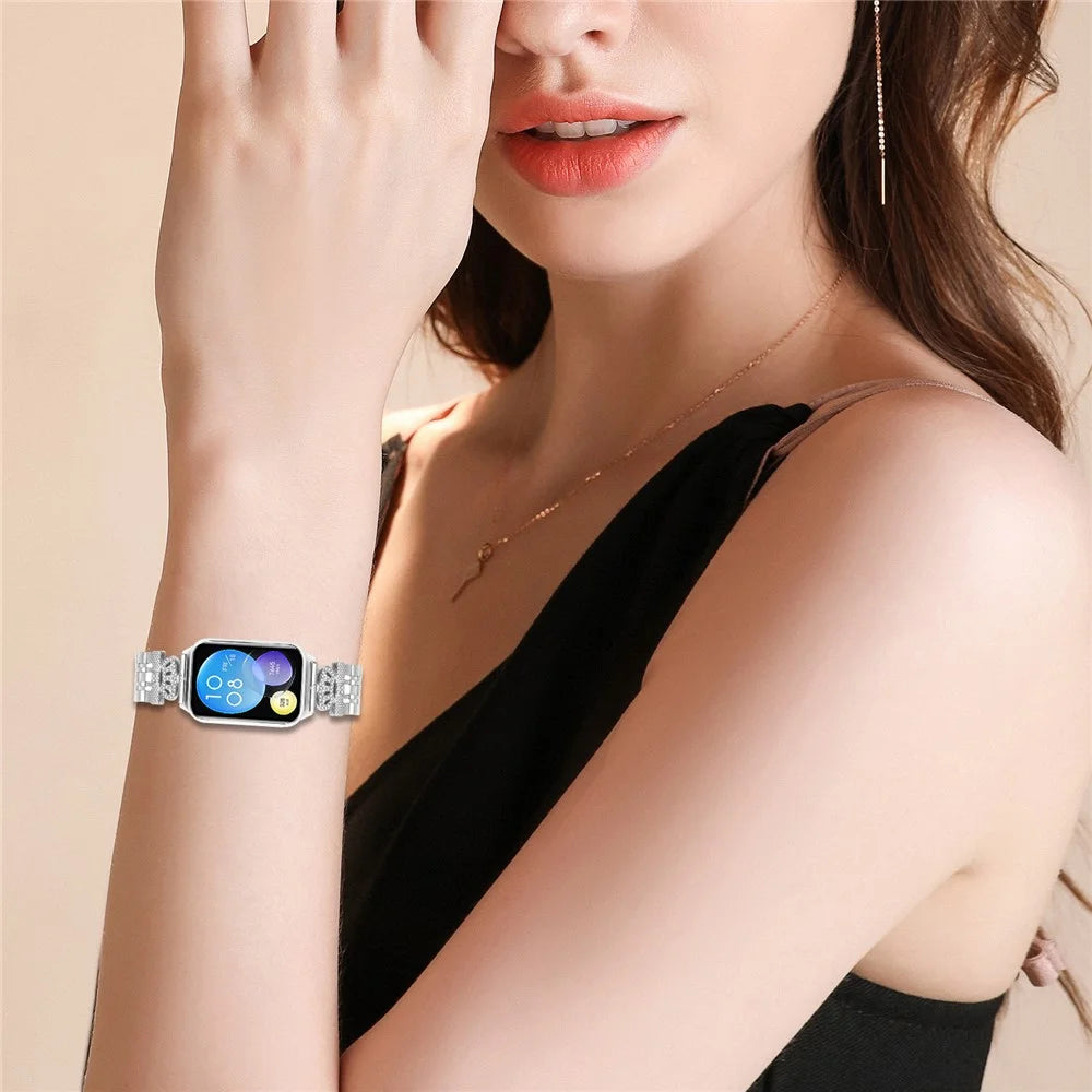 For Xiaomi Smart Band 10 Pro / 9 Pro / 8 Pro / Redmi Watch 6 / 5 / 4 Watch Band 7-Bead Rhinestone Crown Stainless Steel Strap Silver - 6