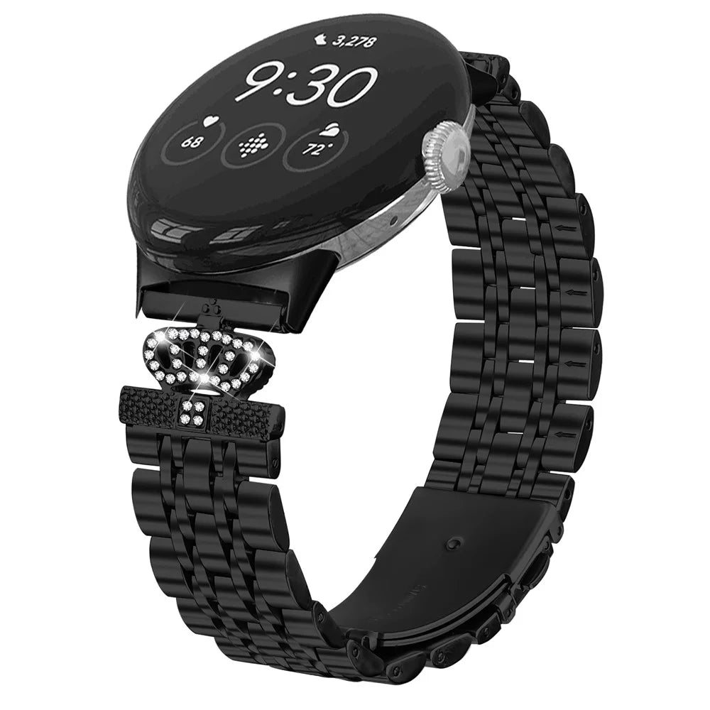 For Google Pixel Watch 4 41mm / Watch 3 41mm / Watch 2 / Watch 7-Bead Rhinestone Crown Stainless Steel Strap - Black - 3