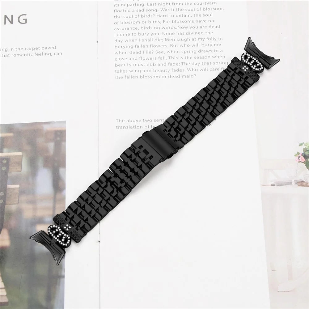 For Google Pixel Watch 4 41mm / Watch 3 41mm / Watch 2 / Watch 7-Bead Rhinestone Crown Stainless Steel Strap - Black - 4