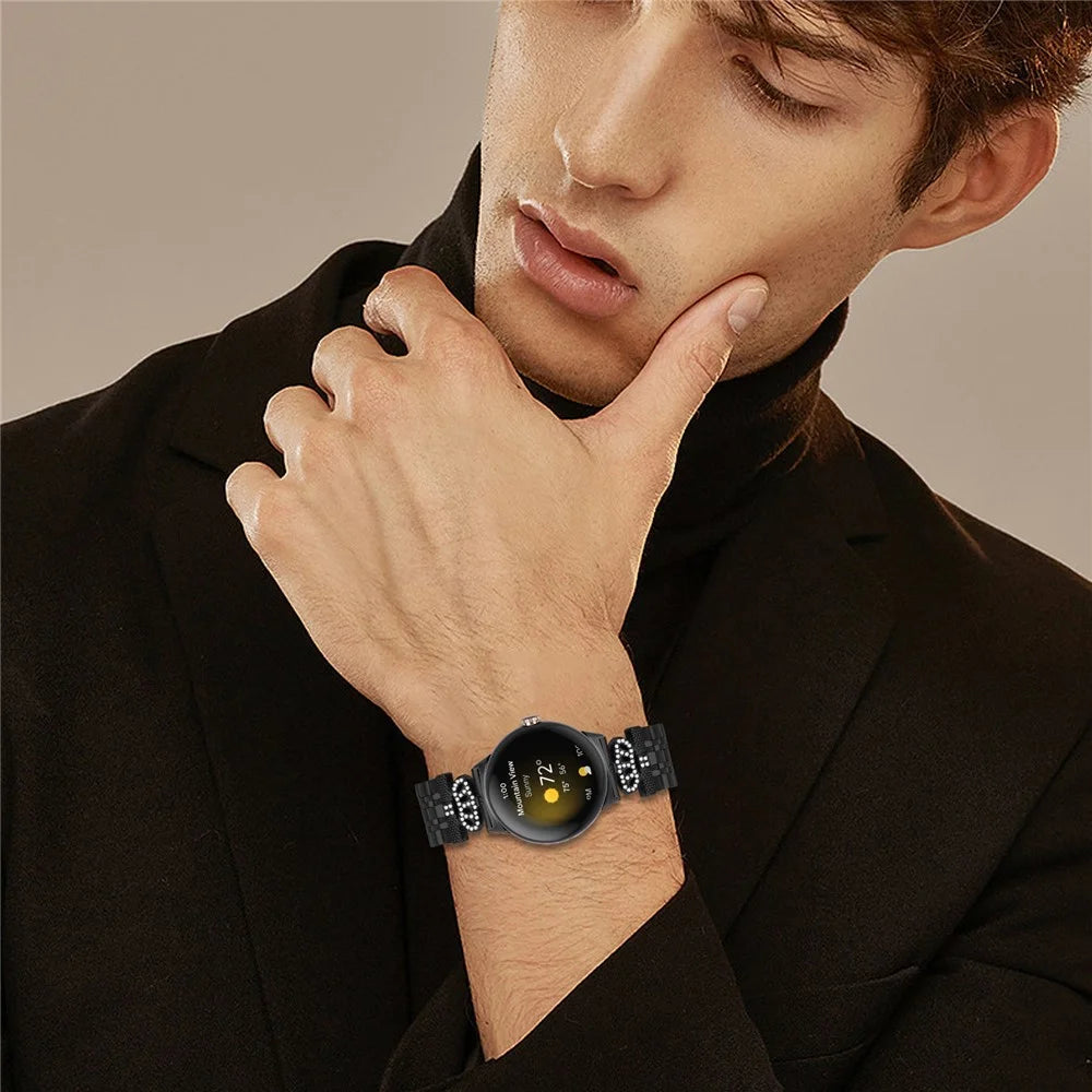 For Google Pixel Watch 4 41mm / Watch 3 41mm / Watch 2 / Watch 7-Bead Rhinestone Crown Stainless Steel Strap - Black - 5