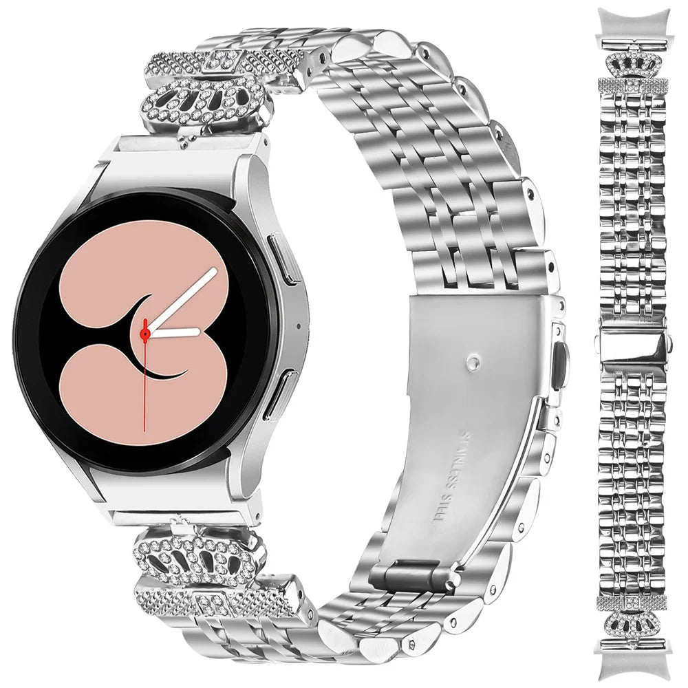 Watch Band with Connector For Samsung Galaxy Watch7 44mm  /  40mm 7-Bead Rhinestone Crown Stainless Steel Strap Silver - 2