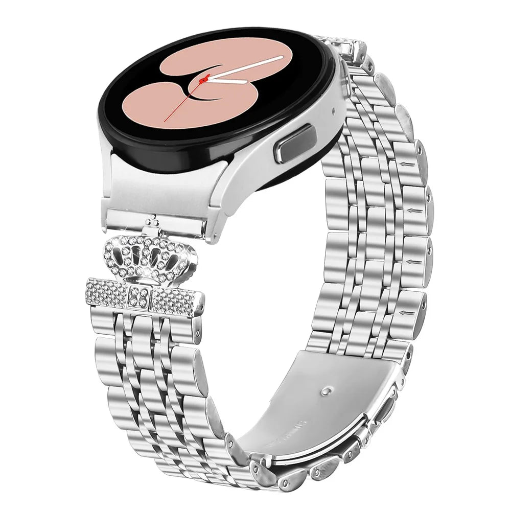 Watch Band with Connector For Samsung Galaxy Watch7 44mm  /  40mm 7-Bead Rhinestone Crown Stainless Steel Strap Silver - 3