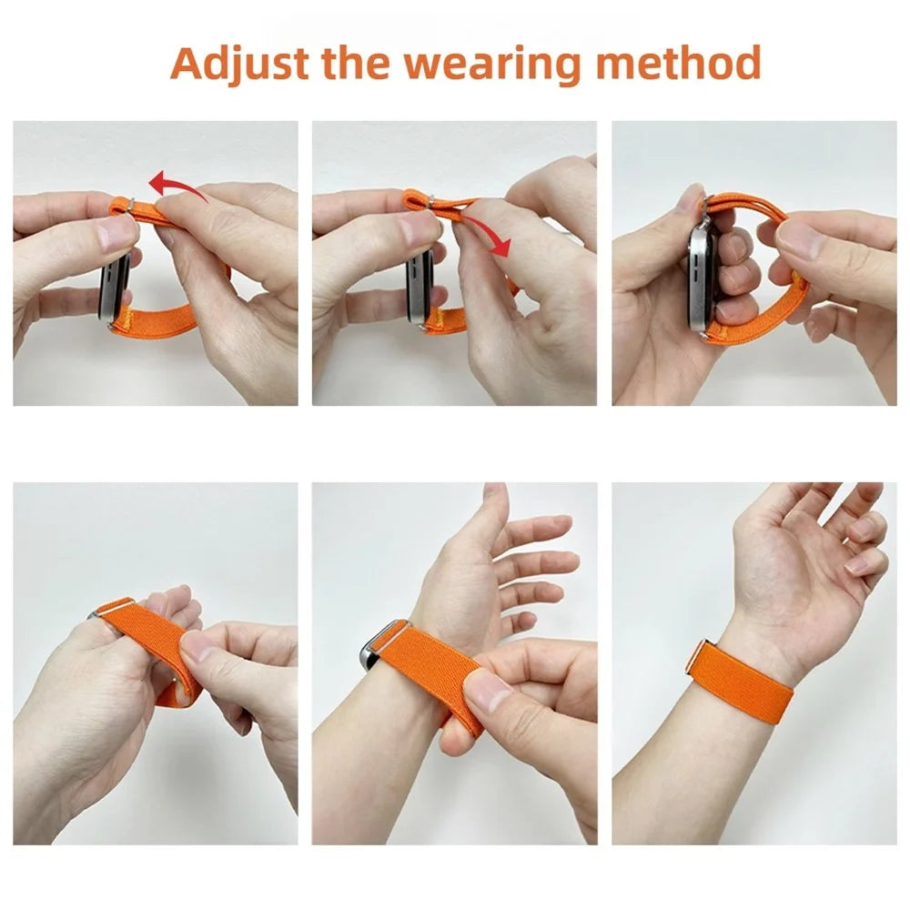 Nylon Watch Band for Apple Watch Apple Watch Ultra 3 2 1 49mm / Series 11 10 46mm / 9 8 7 45mm / SE3 SE2 SE 6 5 4 44mm / 3 2 1 42mm Adjustable Elastic Replace Strap - Orange - 4