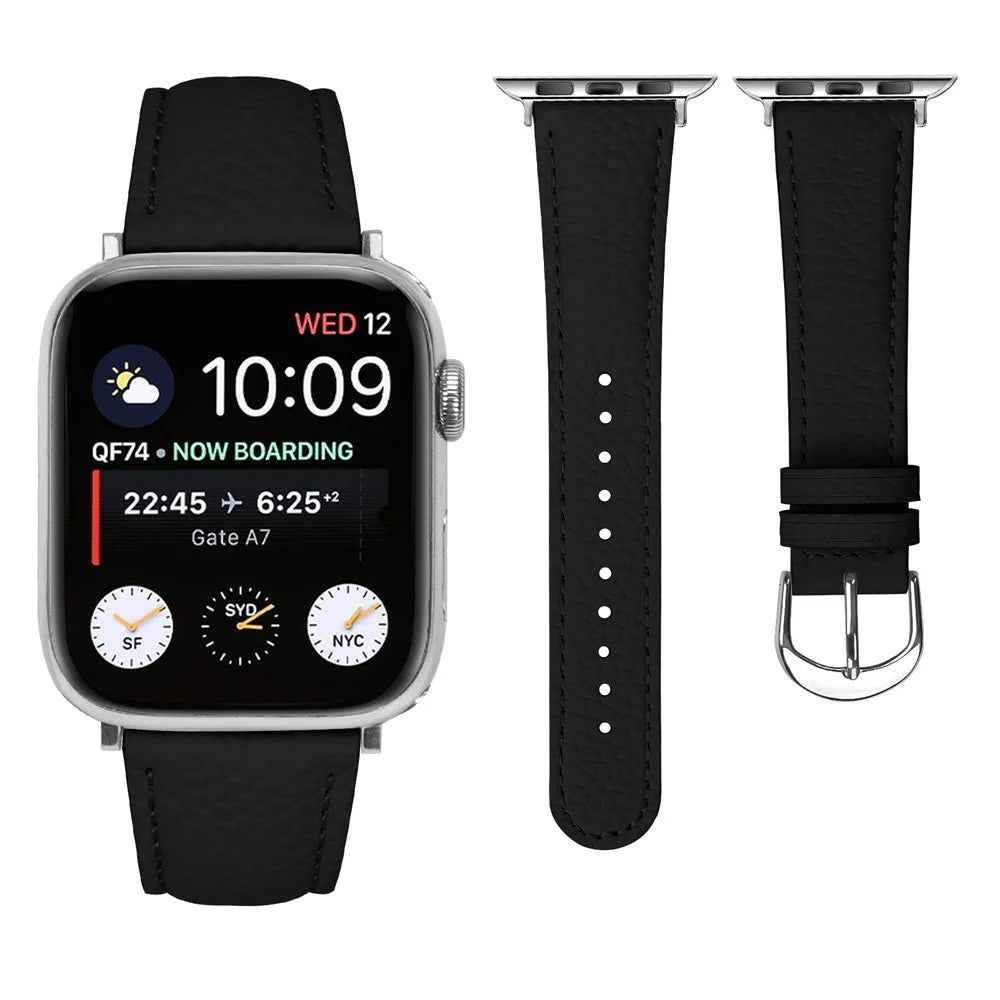 Replacement Strap for Apple Watch Apple Watch Ultra 3 2 1 49mm / Series 11 10 46mm / 9 8 7 45mm / SE3 SE2 SE 6 5 4 44mm / 3 2 1 42mm Litchi Texture PU Leather Watch Band - Black - 3