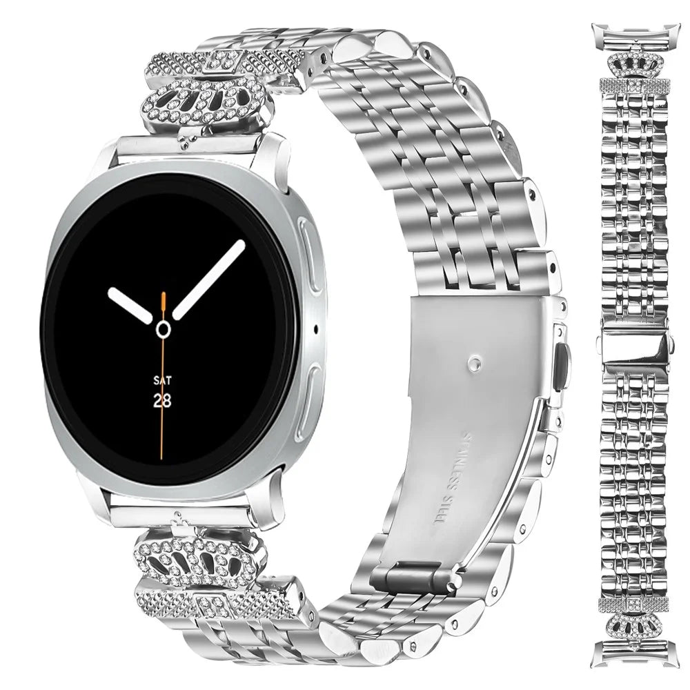 Silver Watch Band with Connector for Samsung Galaxy Watch8 44mm / 40mm / 8 Classic 46mm 7-Bead Crown Metal Strap - 3