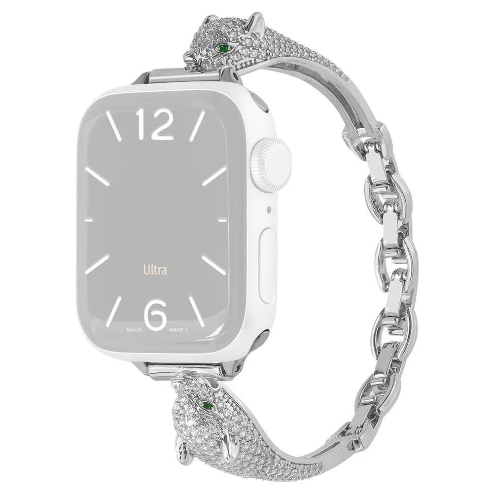 Watch Band For Apple Watch Series 11 10 42mm / 9 8 7 41mm / SE3 SE2 SE 6 5 4 40mm / 3 2 1 38mm Copper + Zircon Leopard Head Strap - Silver - 1