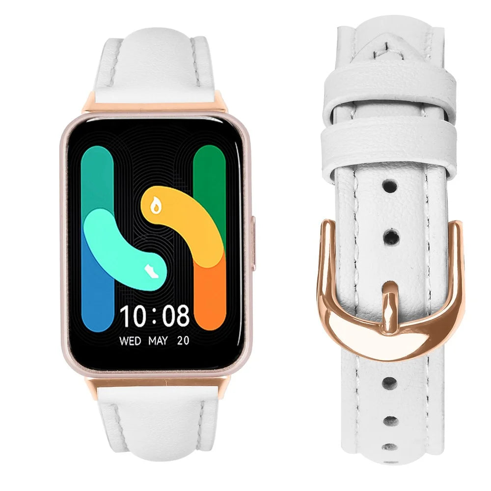 For Samsung Galaxy Fit3 Watch Band Rose Gold Buckle Slim Leather Strap - White - 3