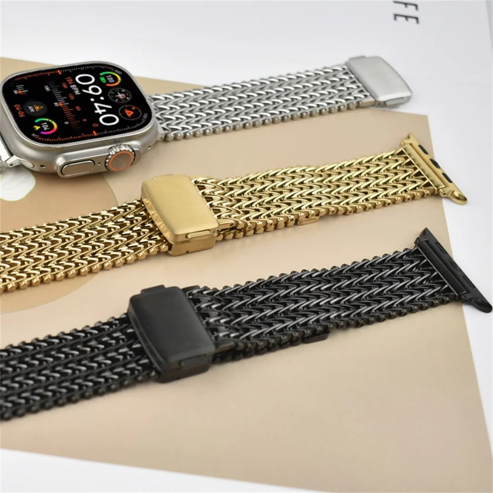 V Shape Mesh Band for Apple Watch Series 11 10 42mm / 9 8 7 41mm / SE3 SE2 SE 6 5 4 40mm / 3 2 1 38mm Stainless Steel Magnetic Watch Strap - Black - 4
