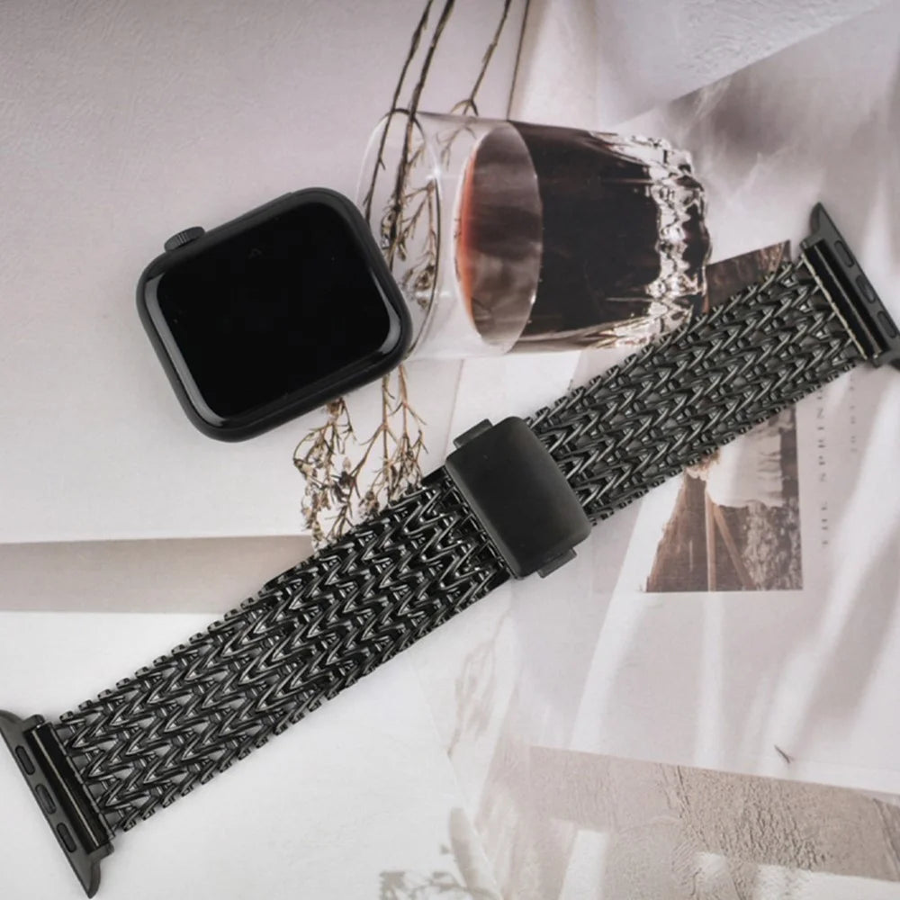 V Shape Mesh Band for Apple Watch Series 11 10 42mm / 9 8 7 41mm / SE3 SE2 SE 6 5 4 40mm / 3 2 1 38mm Stainless Steel Magnetic Watch Strap - Black - 5