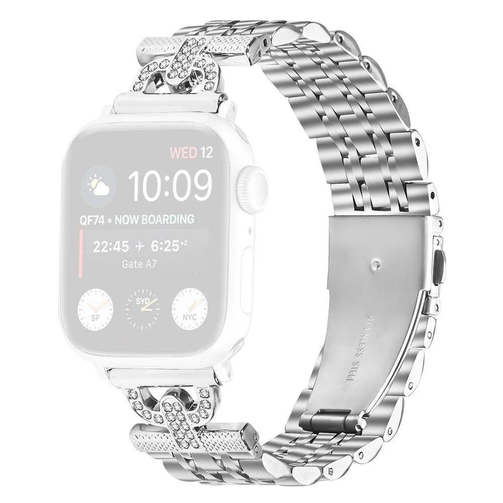 Watch Band for Apple Watch Series 11 10 42mm / 9 8 7 41mm / SE3 SE2 SE 6 5 4 40mm / 3 2 1 38mm Rhinestones Decor Silver Stainless Steel Strap - 1