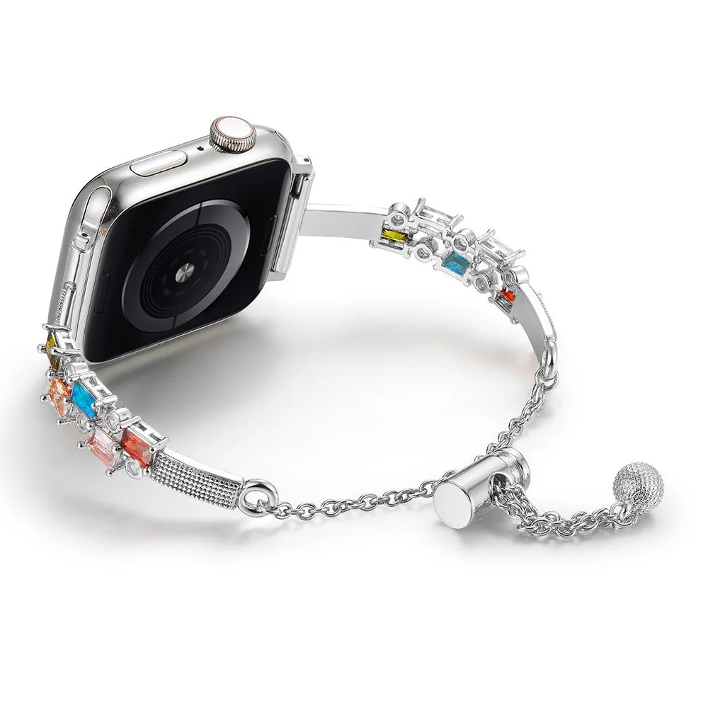 Colored Square Rhinestones Watch Band for Apple Watch Series 11 10 42mm / 9 8 7 41mm / SE3 SE2 SE 6 5 4 40mm / 3 2 1 38mm Drawstring Metal Strap - Silver - 3