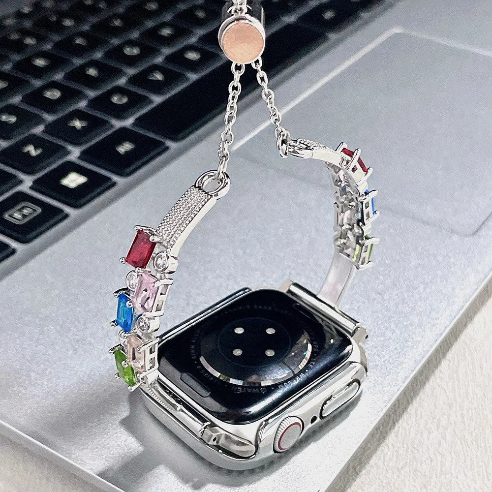Colored Square Rhinestones Watch Band for Apple Watch Series 11 10 42mm / 9 8 7 41mm / SE3 SE2 SE 6 5 4 40mm / 3 2 1 38mm Drawstring Metal Strap - Silver - 5