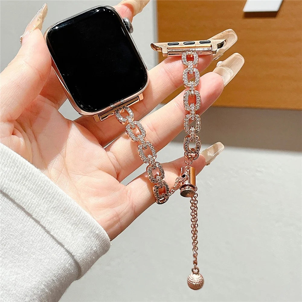 Metal Bracelet Strap for Apple Watch Series 10 9 8 7 SE 6 5 4 3 2 1 42mm 41mm 40mm 38mm Loop Link Rhinestone Watch Band - Rose Gold - 6