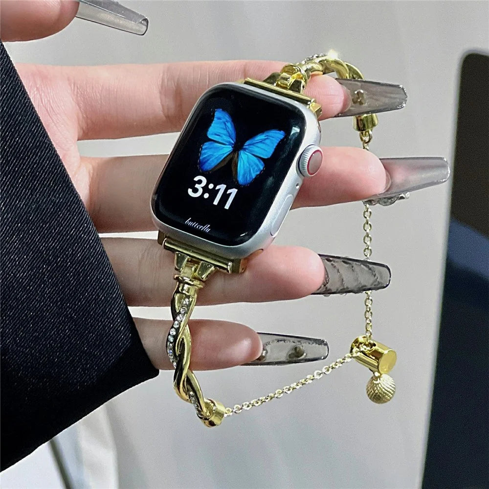 Metal Strap for Apple Watch Series 11 10 42mm / 9 8 7 41mm / SE3 SE2 SE 6 5 4 40mm / 3 2 1 38mm Drawstring Design Watch Band Rhinestone Decorated - Gold - 2