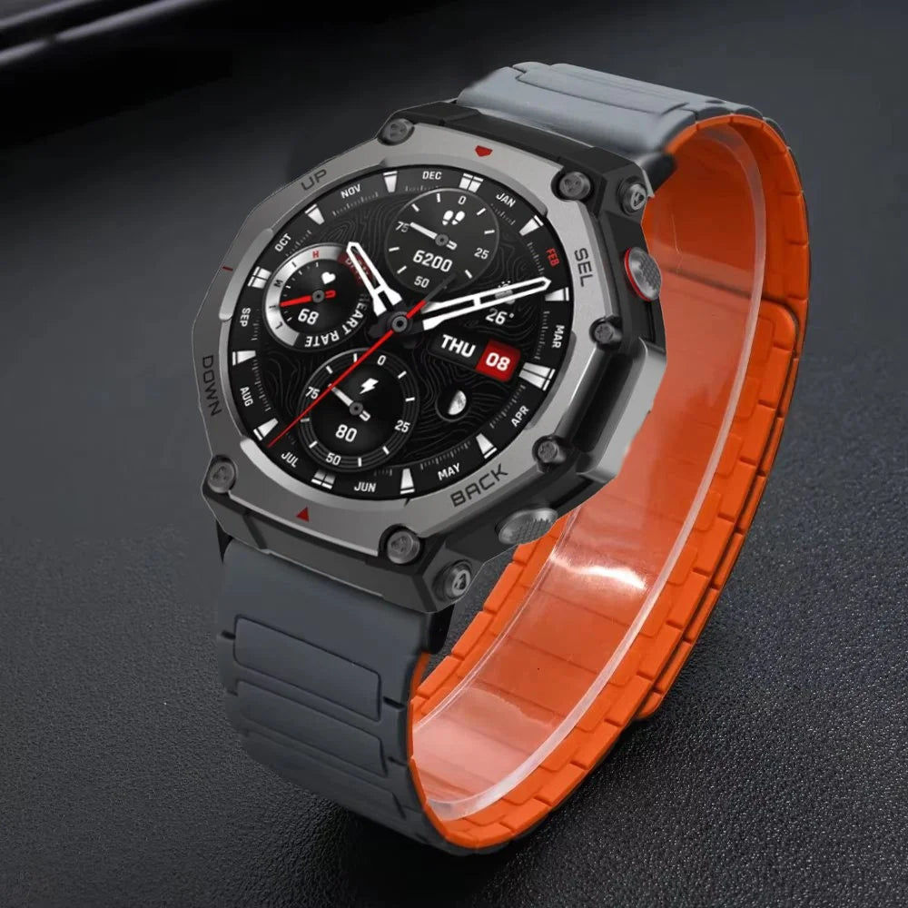 For Huami Amazfit T-Rex Pro A1918 Magnetic Silicone Watch Band Dual Color Adjustable Strap - Black / Orange - 2