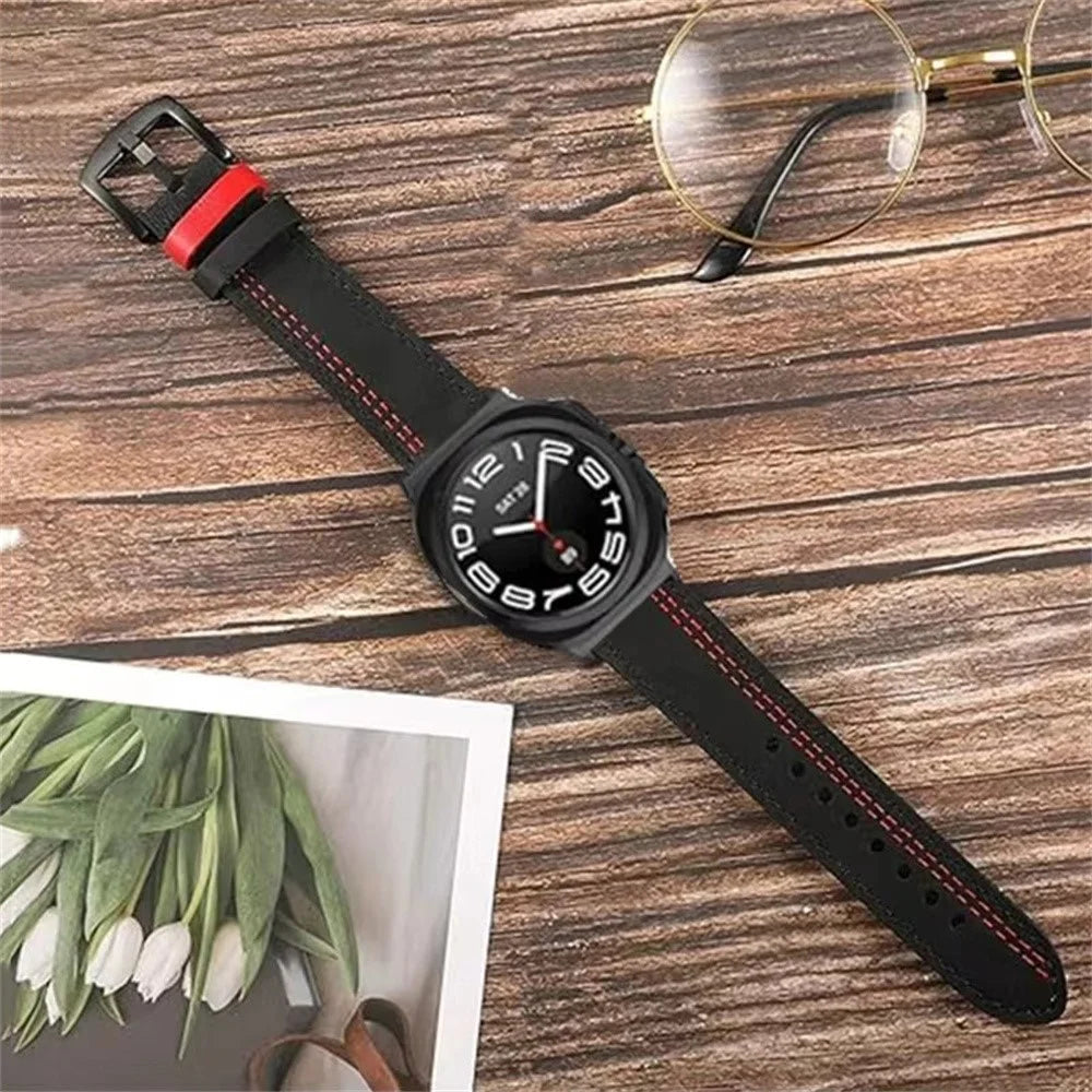 Watch Band for Samsung Galaxy Watch8 40mm  /  44mm  /  Watch8 Classic 46mm Genuine Cow Leather Stitching Line Strap - Black - 6