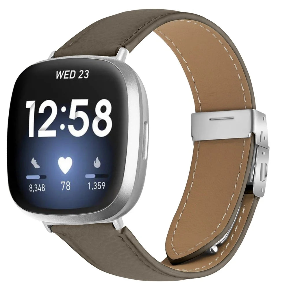 For Fitbit Versa 3  /  Sense Genuine Leather Watch Band with Silver Connector Turtle Back Buckle Wrist Strap - Grey - 2