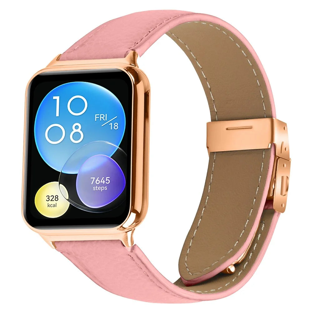 For Xiaomi Smart Band 10 Pro / 9 Pro / 8 Pro / Redmi Watch 6 / 5 / 4 Genuine Leather Watch Band with Rose Gold Connector Turtle Back Buckle - Pink - 2